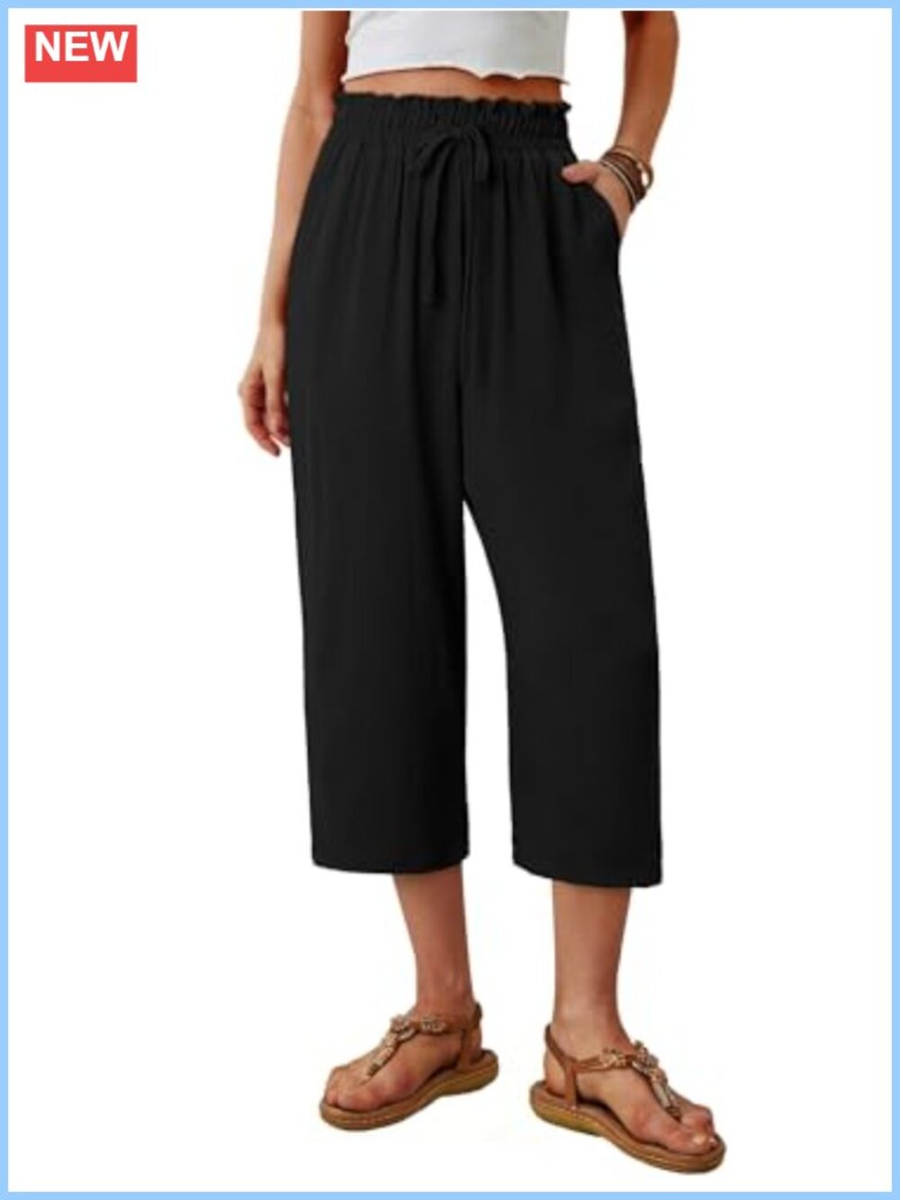 Wide Leg Capri Pants High Waisted Paper Bag Drawstring Flowy Palazzo with